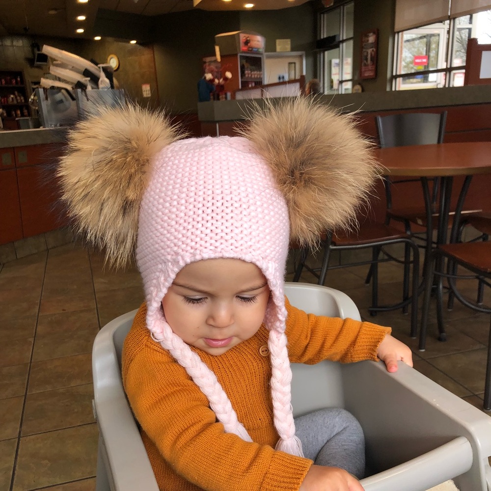 NWT real fur double pom hat 1-3